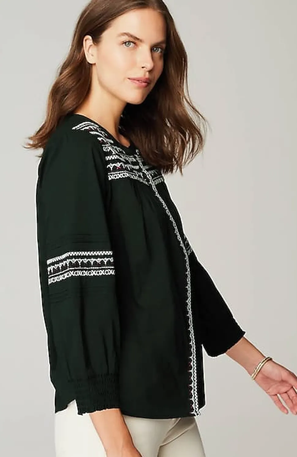Embroidered Smocked-Sleeve Top | Jjill