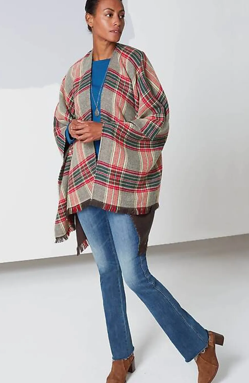 Fringe-Trimmed Plaid Ruana | Jjill