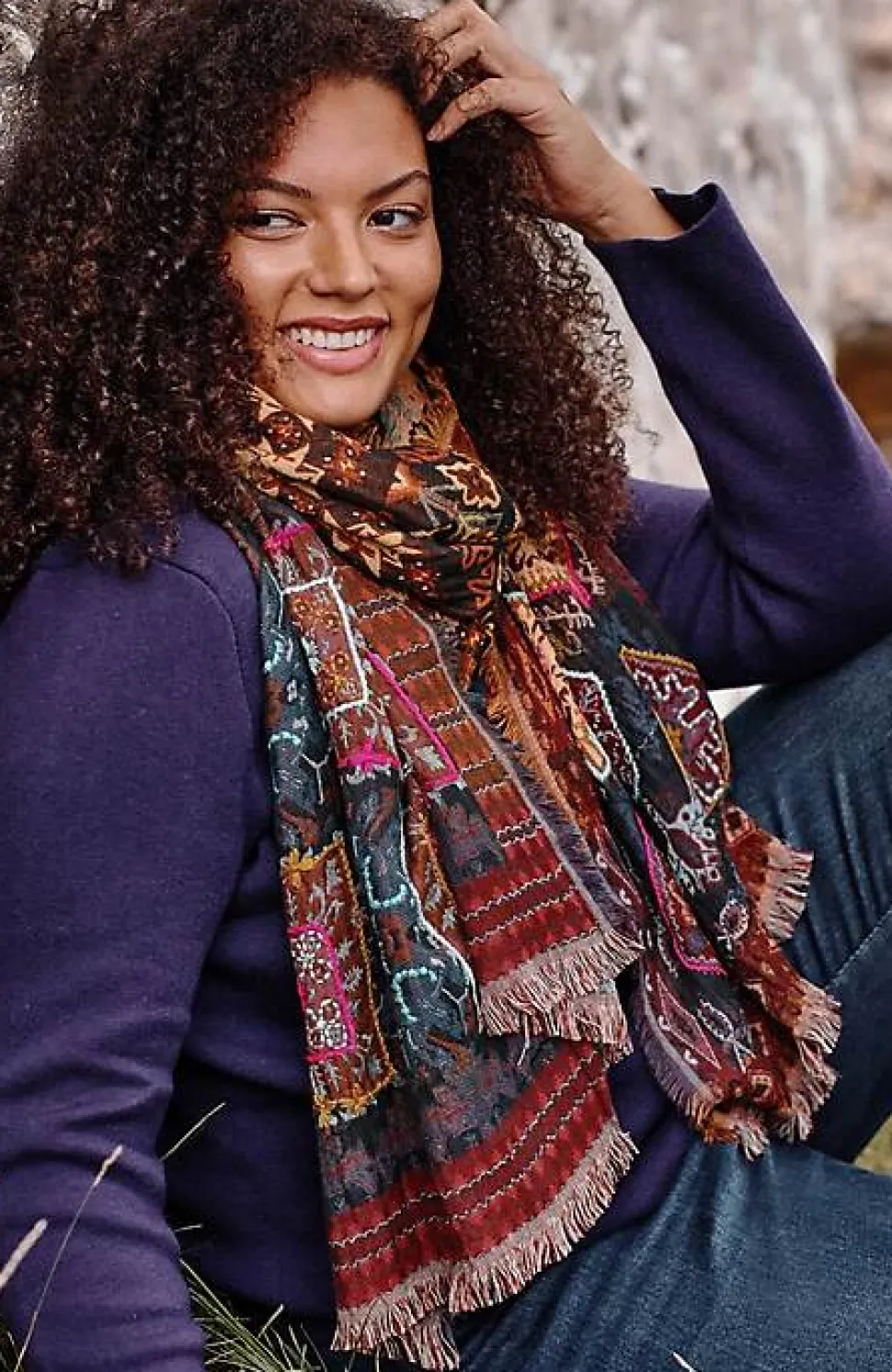 Hand-Stitched Diamond Medallions Jacquard Scarf | Jjill