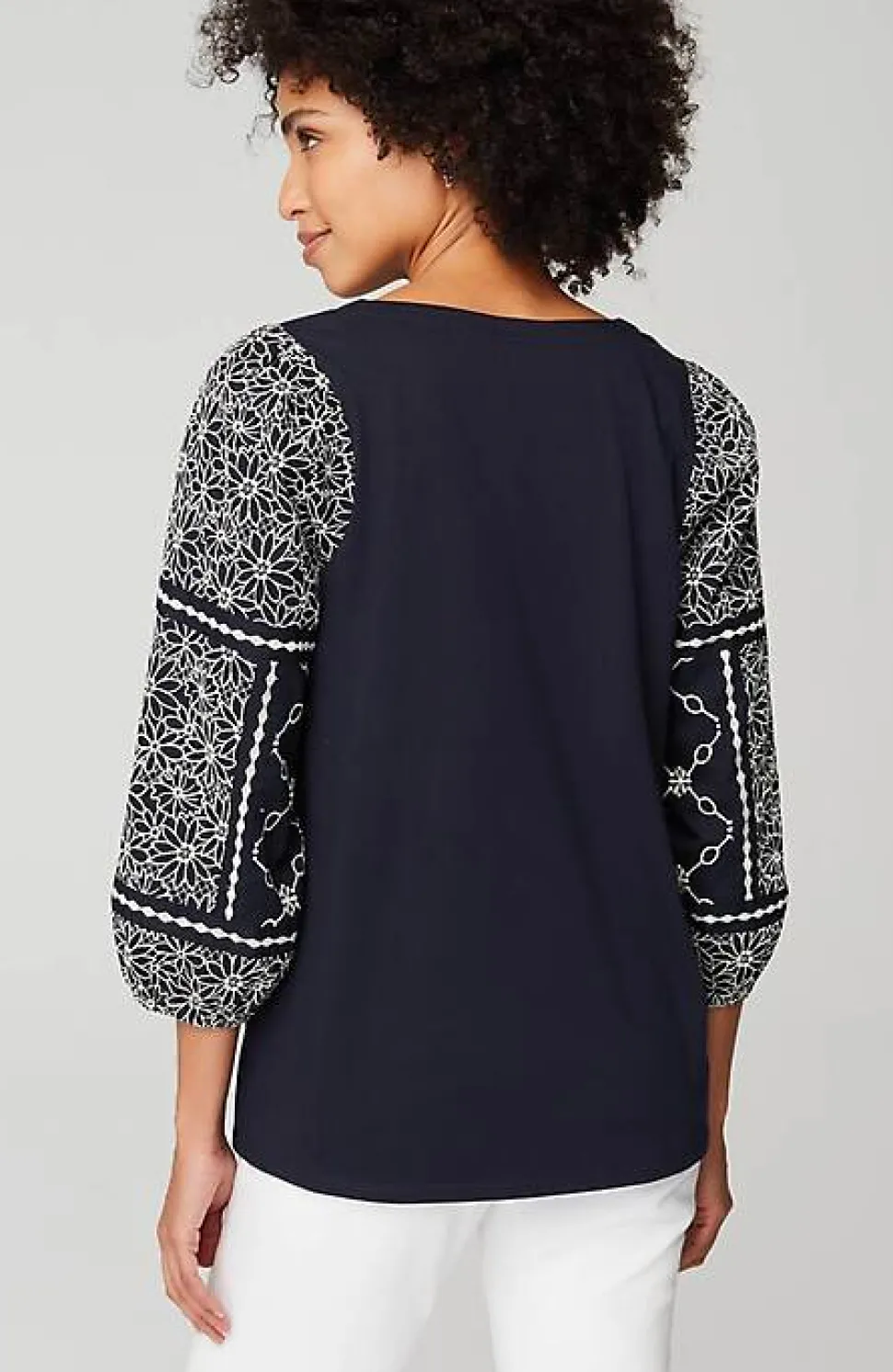 Mixed-Media Embroidered-Sleeve Top | Jjill