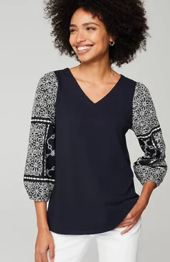 Mixed-Media Embroidered-Sleeve Top | Jjill
