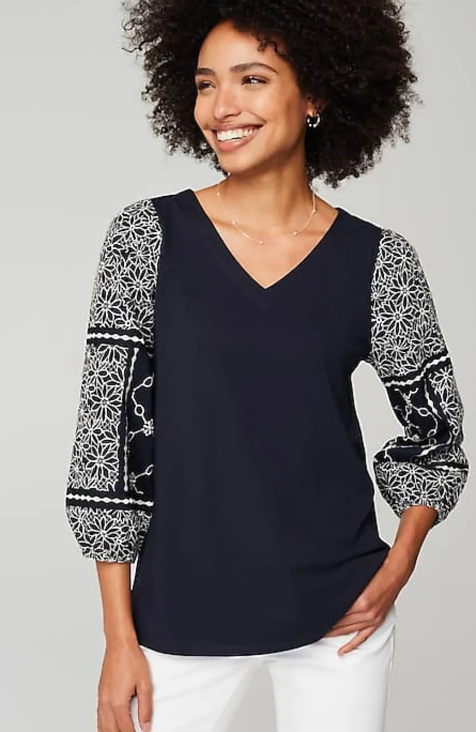 Mixed-Media Embroidered-Sleeve Top | Jjill