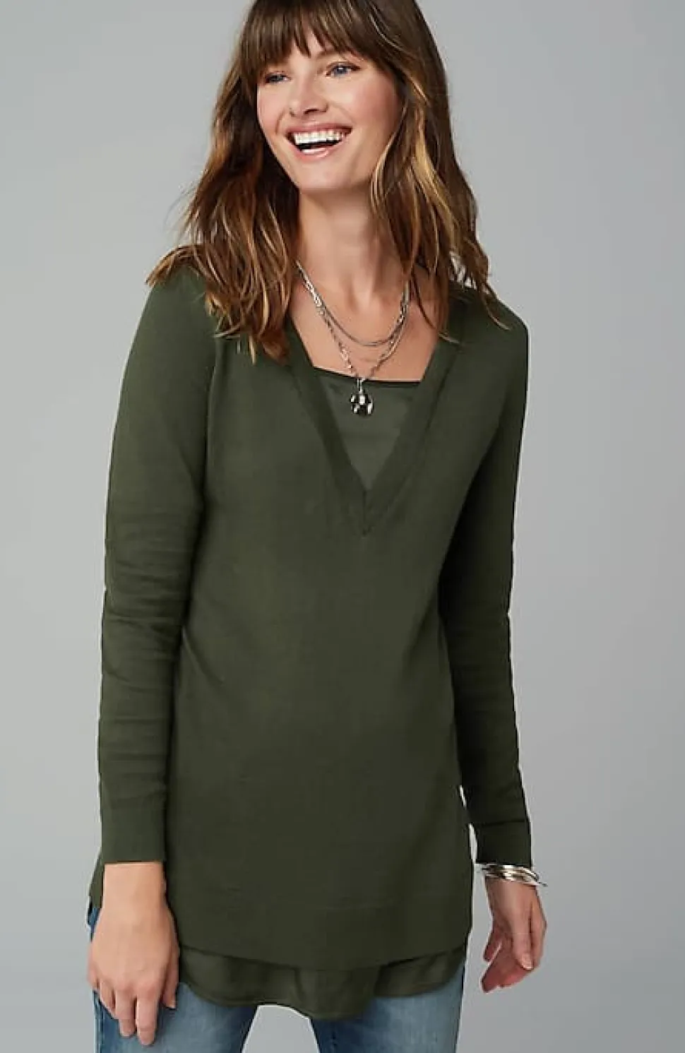 Mixed-Media Layered V-Neck Sweater | Jjill
