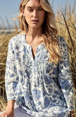 Pintucked Printed Linen Popover | Jjill