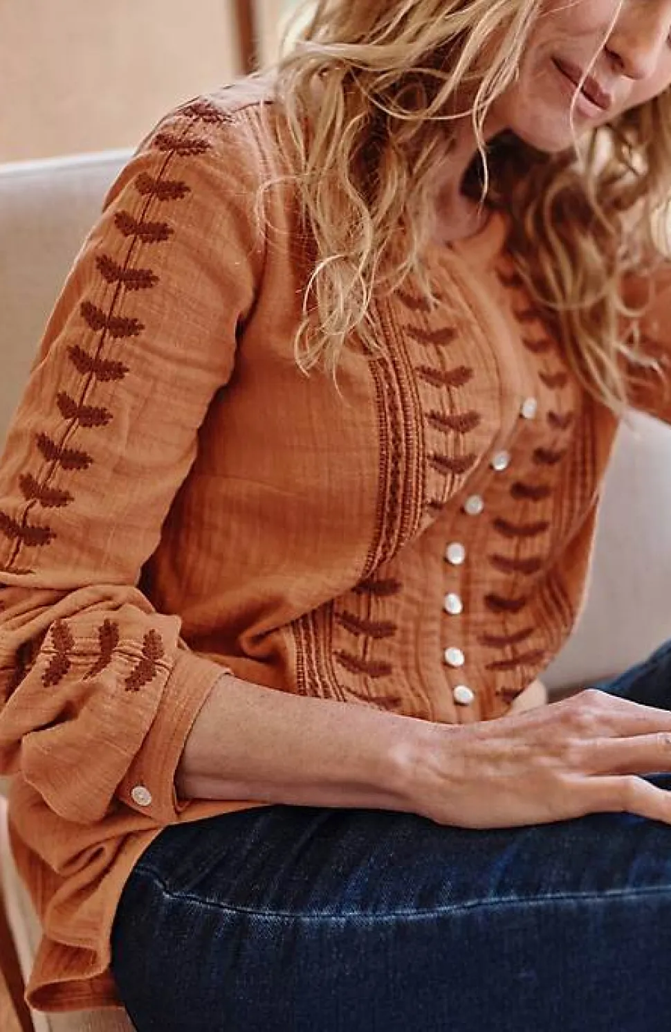 Pure Jill Embroidered Buttoned-Cuff Top | Jjill
