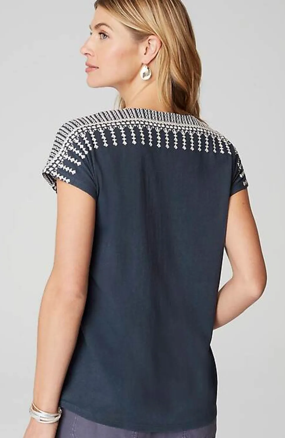 Pure Jill Embroidered Split-Neck Tee | Jjill