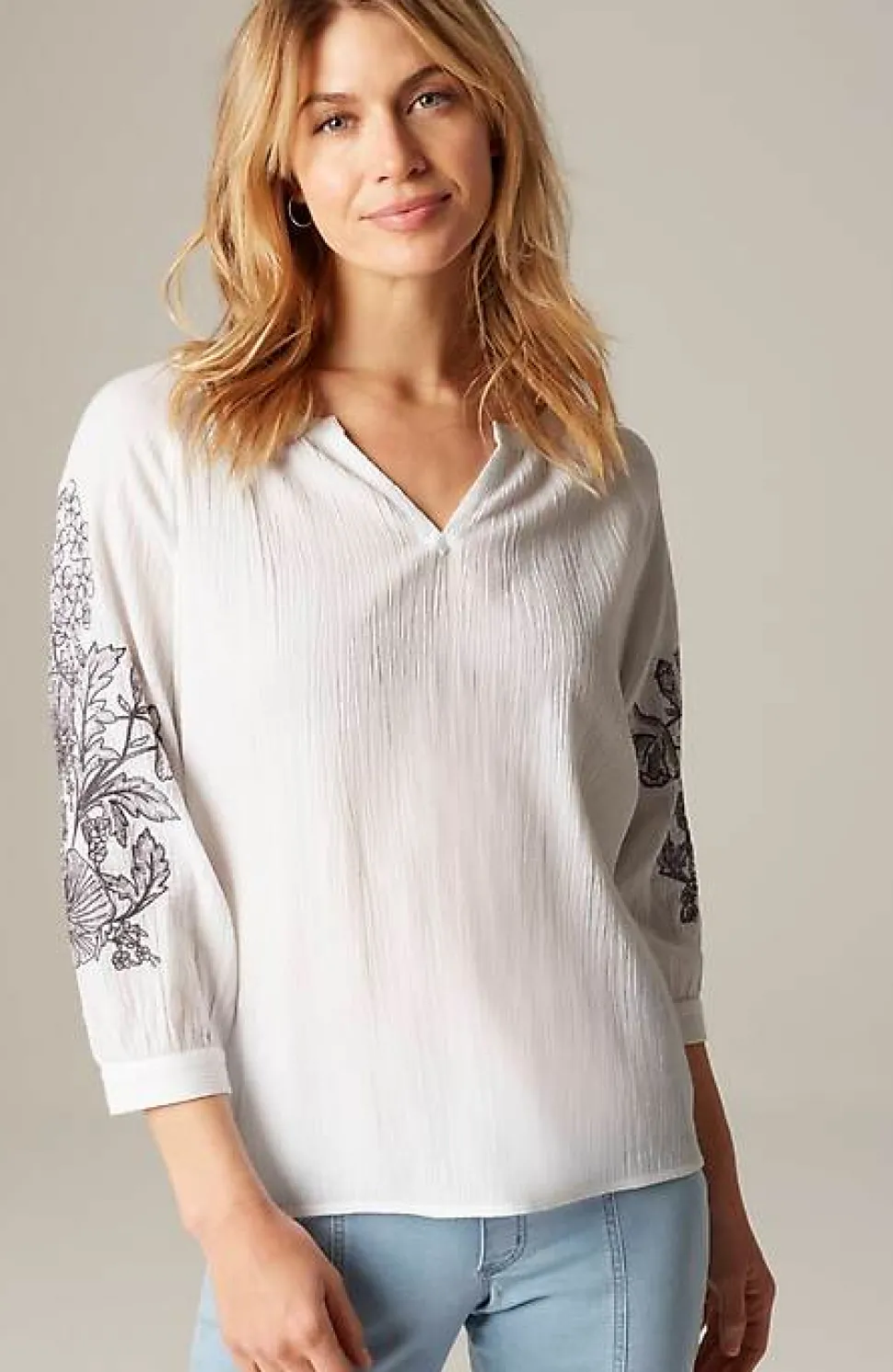 Pure Jill Embroidered-Sleeve Crinkled Top | Jjill
