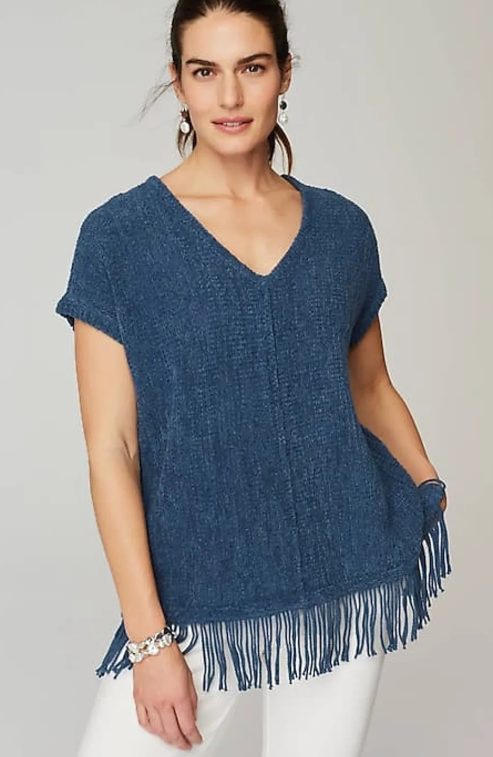 Pure Jill Fringed-Hem V-Neck Sweater | Jjill