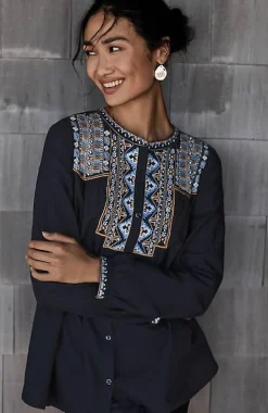 Pure Jill Shadow-Stripe Embroidered Blouse | Jjill