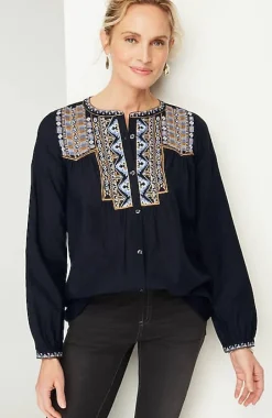 Pure Jill Shadow-Stripe Embroidered Blouse | Jjill