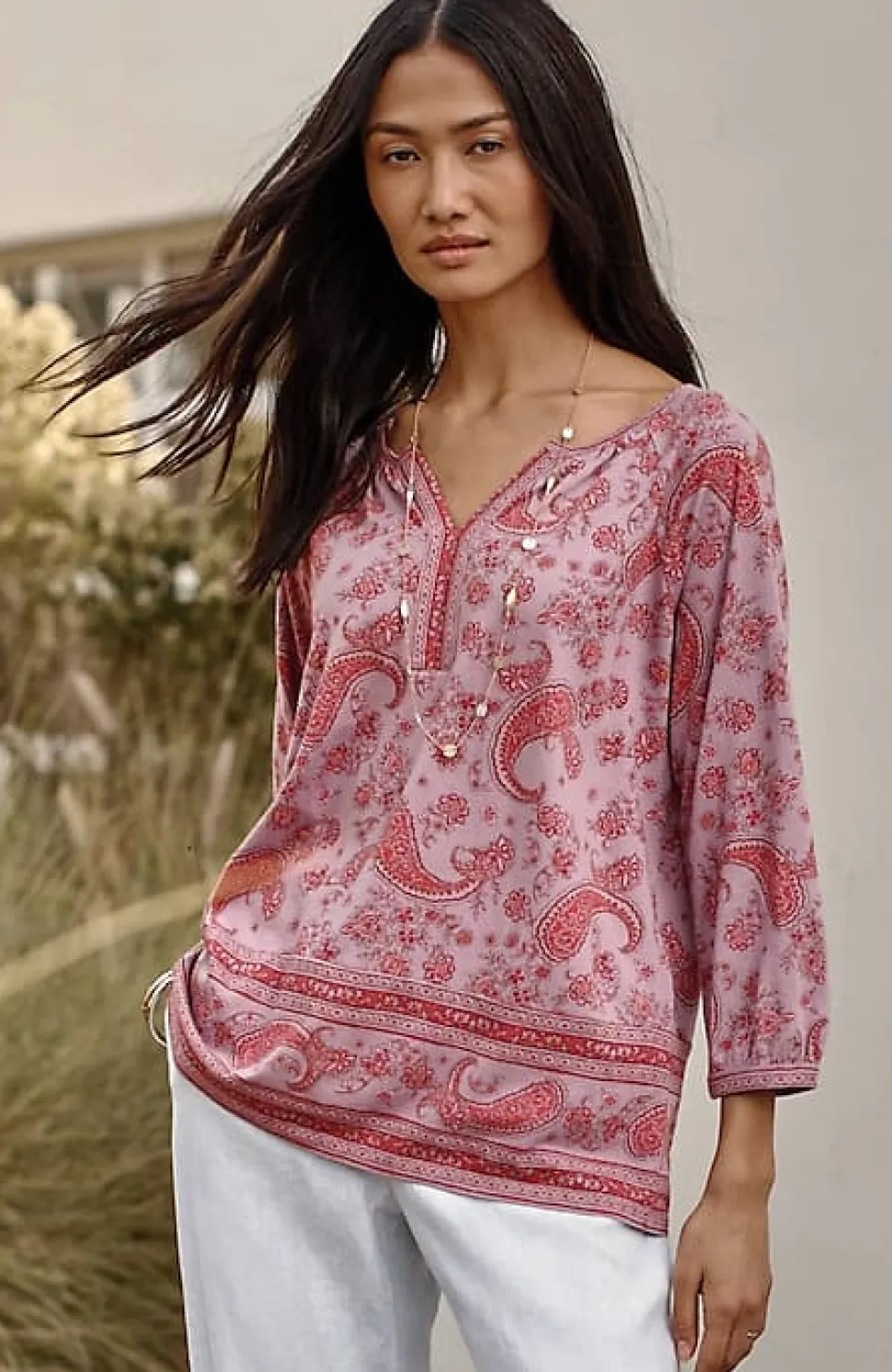 Pure Jill Split-Neck Border-Printed Top | Jjill