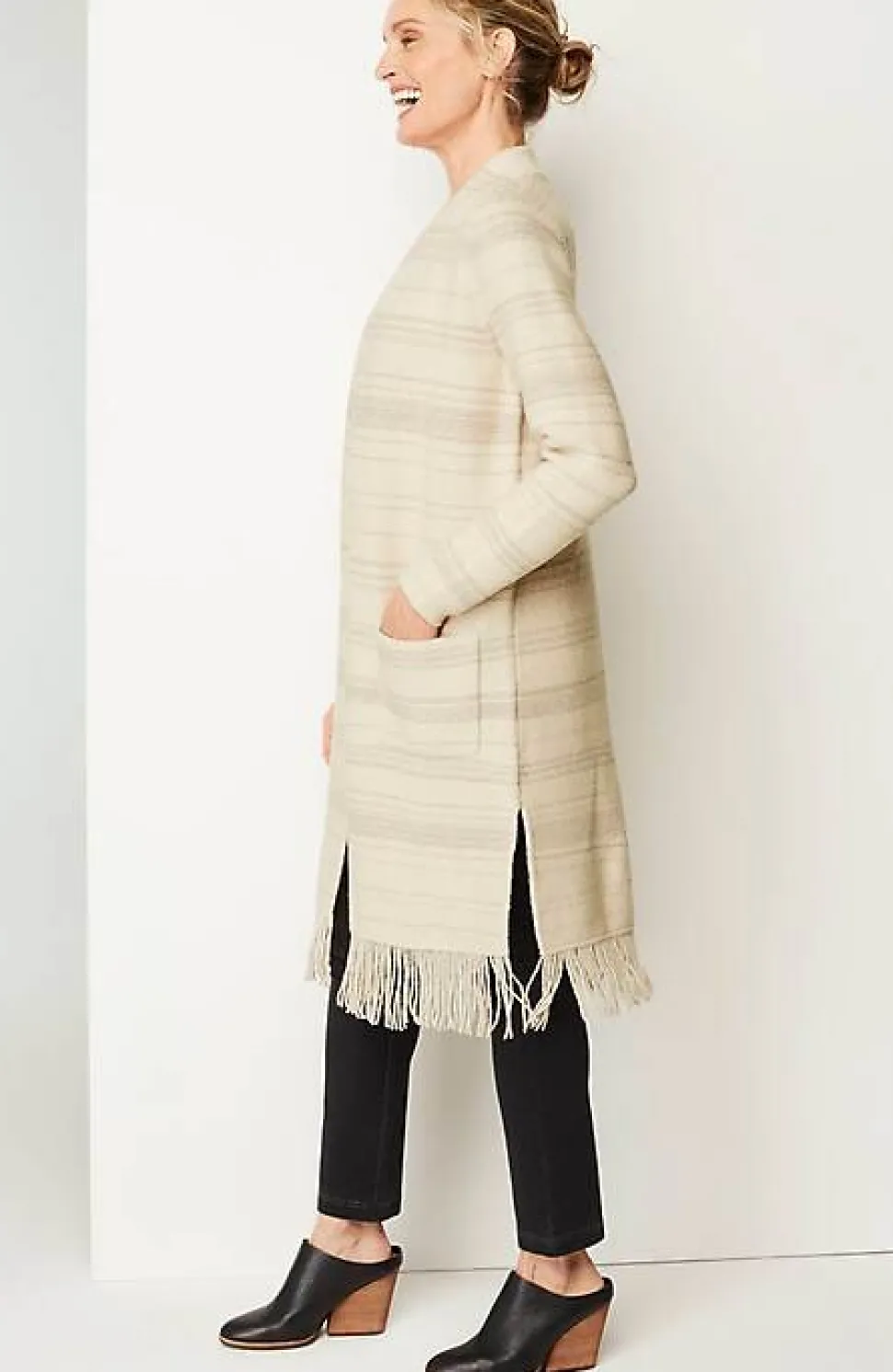 Pure Jill Textured-Stripes Fringed-Hem Cardi | Jjill