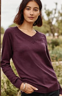 Ribbed-Border V-Neck Sweater | Jjill