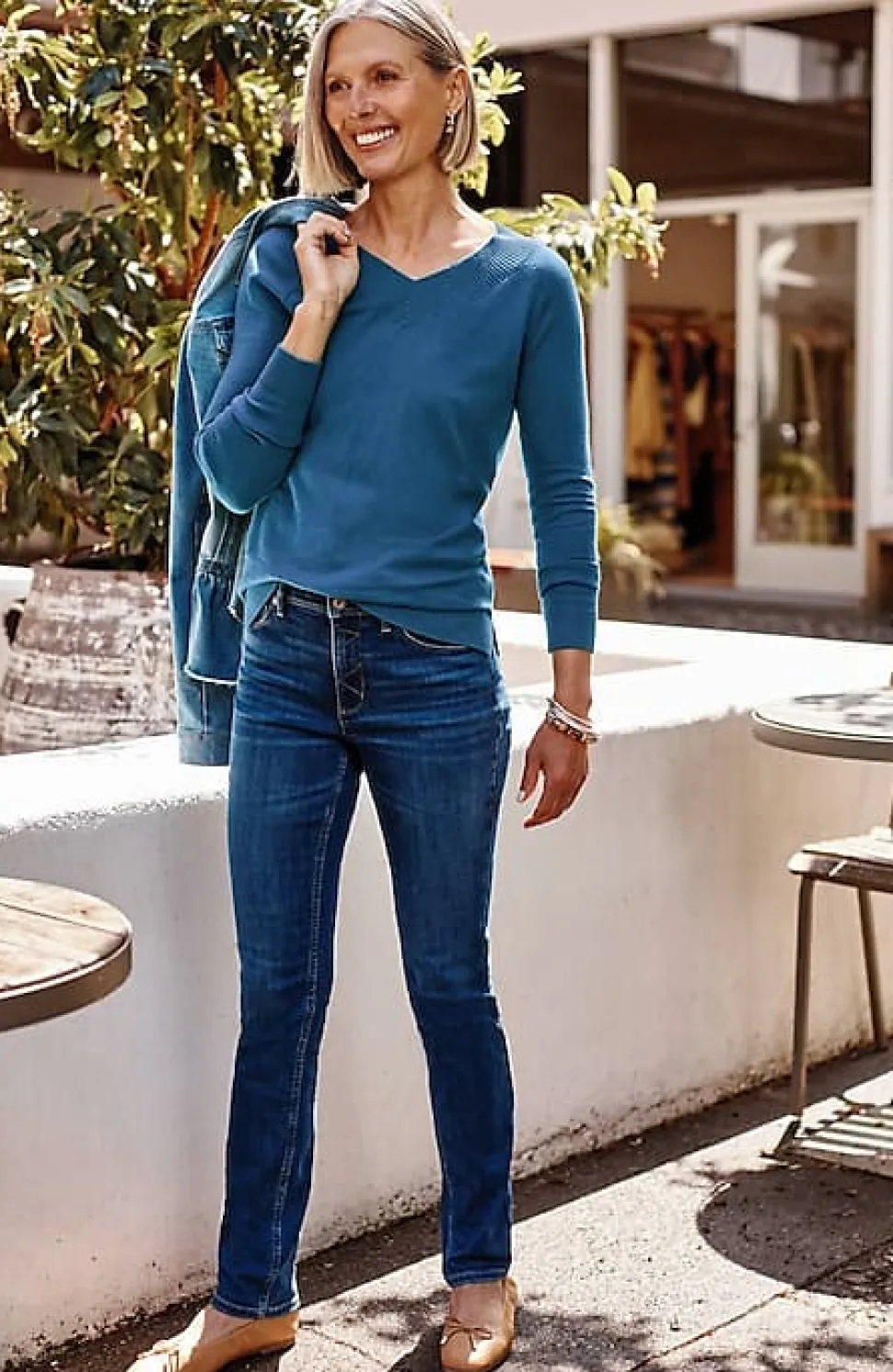 Ribbed-Border V-Neck Sweater | Jjill