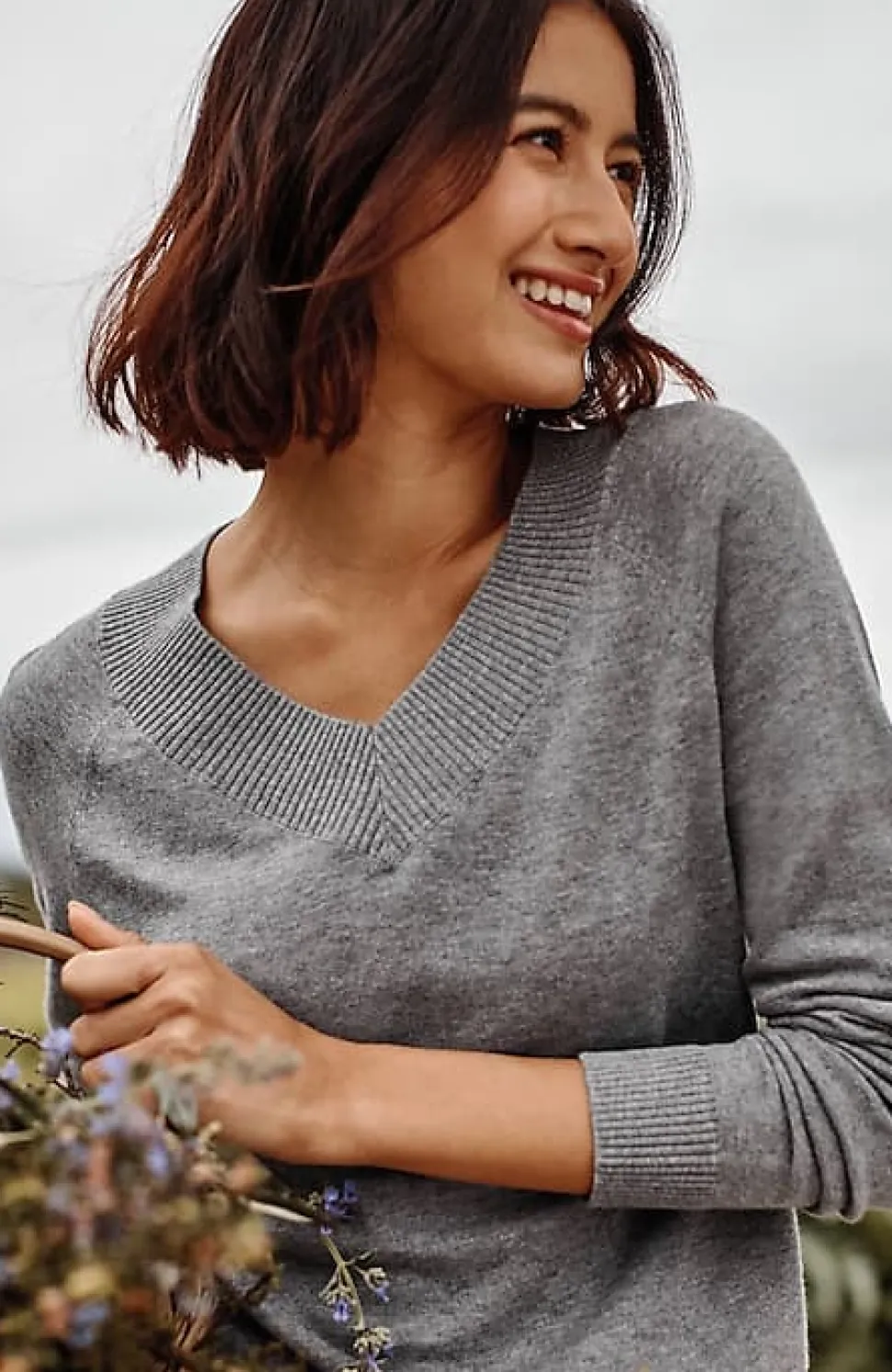 Ribbed-Border V-Neck Sweater | Jjill