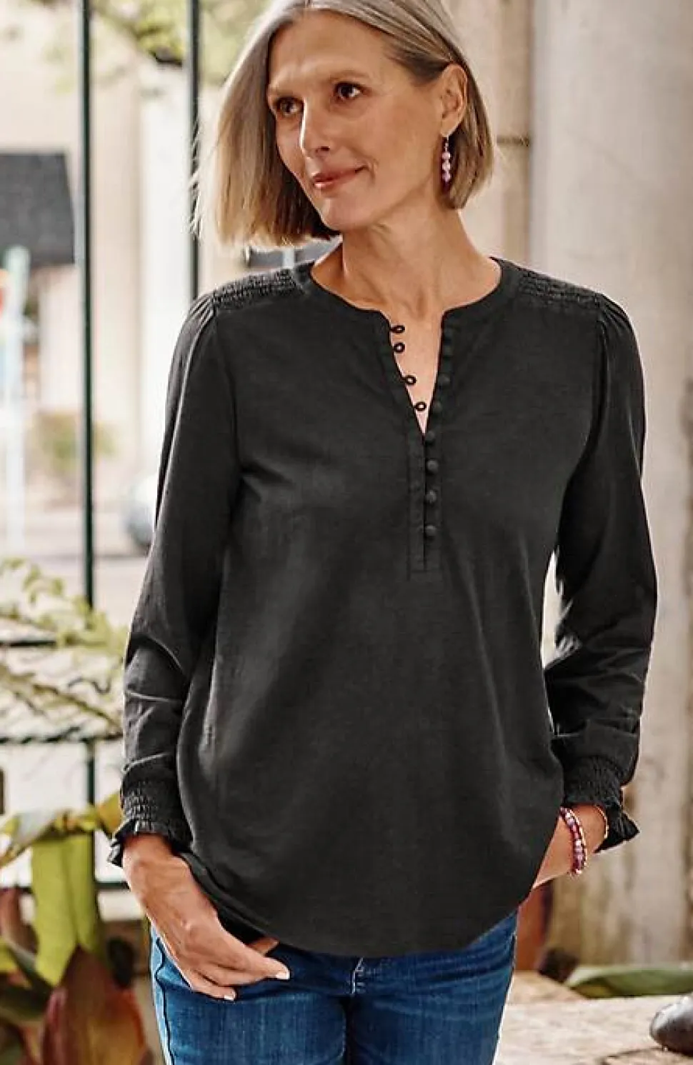 Smocked Henley Top | Jjill
