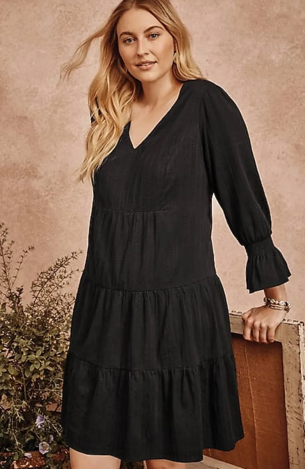 Smocked-Sleeves Tiered Dress | Jjill