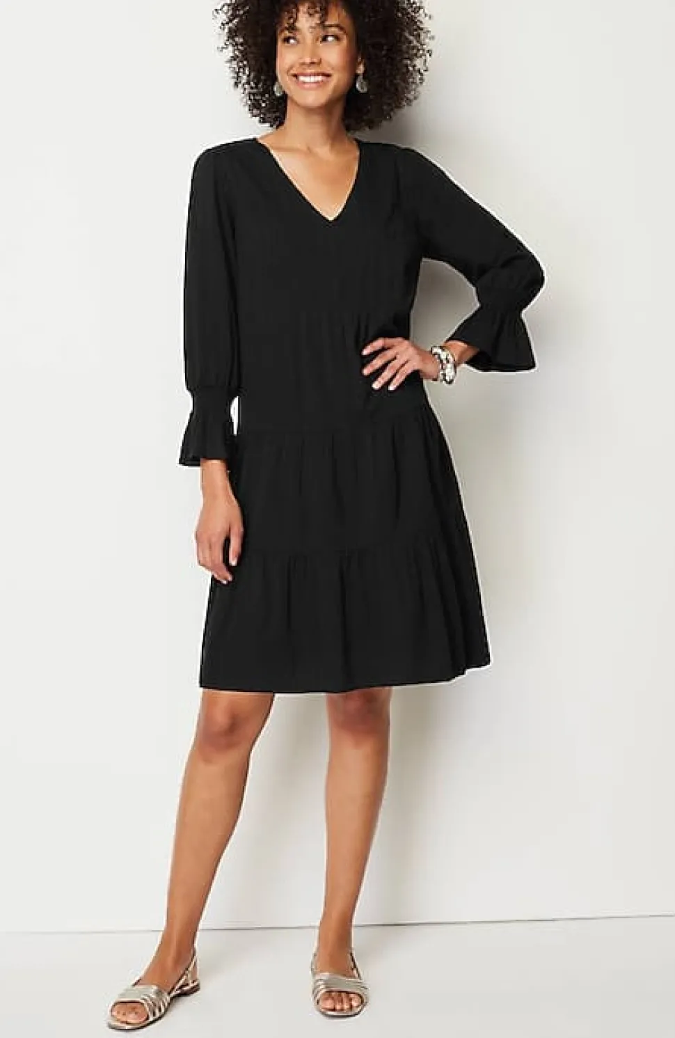 Smocked-Sleeves Tiered Dress | Jjill
