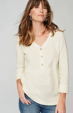 Textured-Cotton Rolled-Cuff Henley Top | Jjill