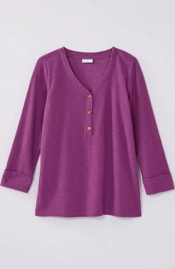 Textured-Cotton Rolled-Cuff Henley Top | Jjill