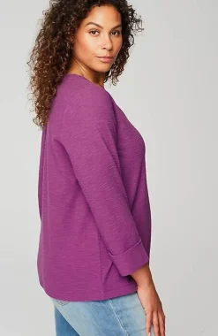Textured-Cotton Rolled-Cuff Henley Top | Jjill