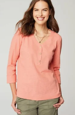 Textured-Cotton Rolled-Cuff Henley Top | Jjill