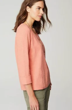 Textured-Cotton Rolled-Cuff Henley Top | Jjill