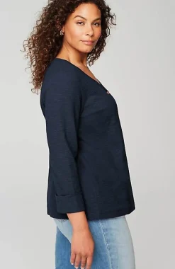 Textured-Cotton Rolled-Cuff Henley Top | Jjill