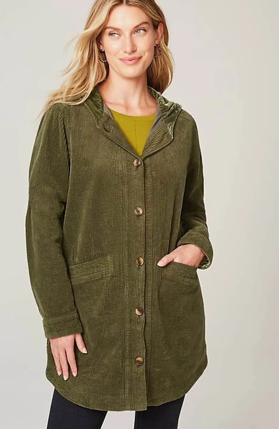 Velvet-Hooded Tumble-Cord Jacket | Jjill