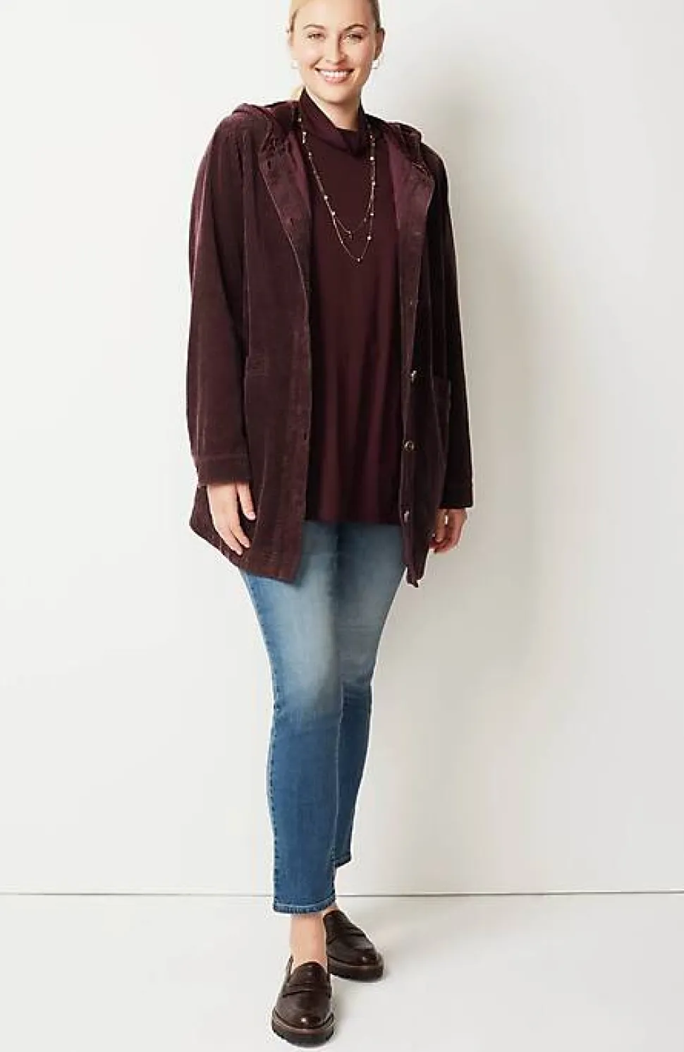 Velvet-Hooded Tumble-Cord Jacket | Jjill