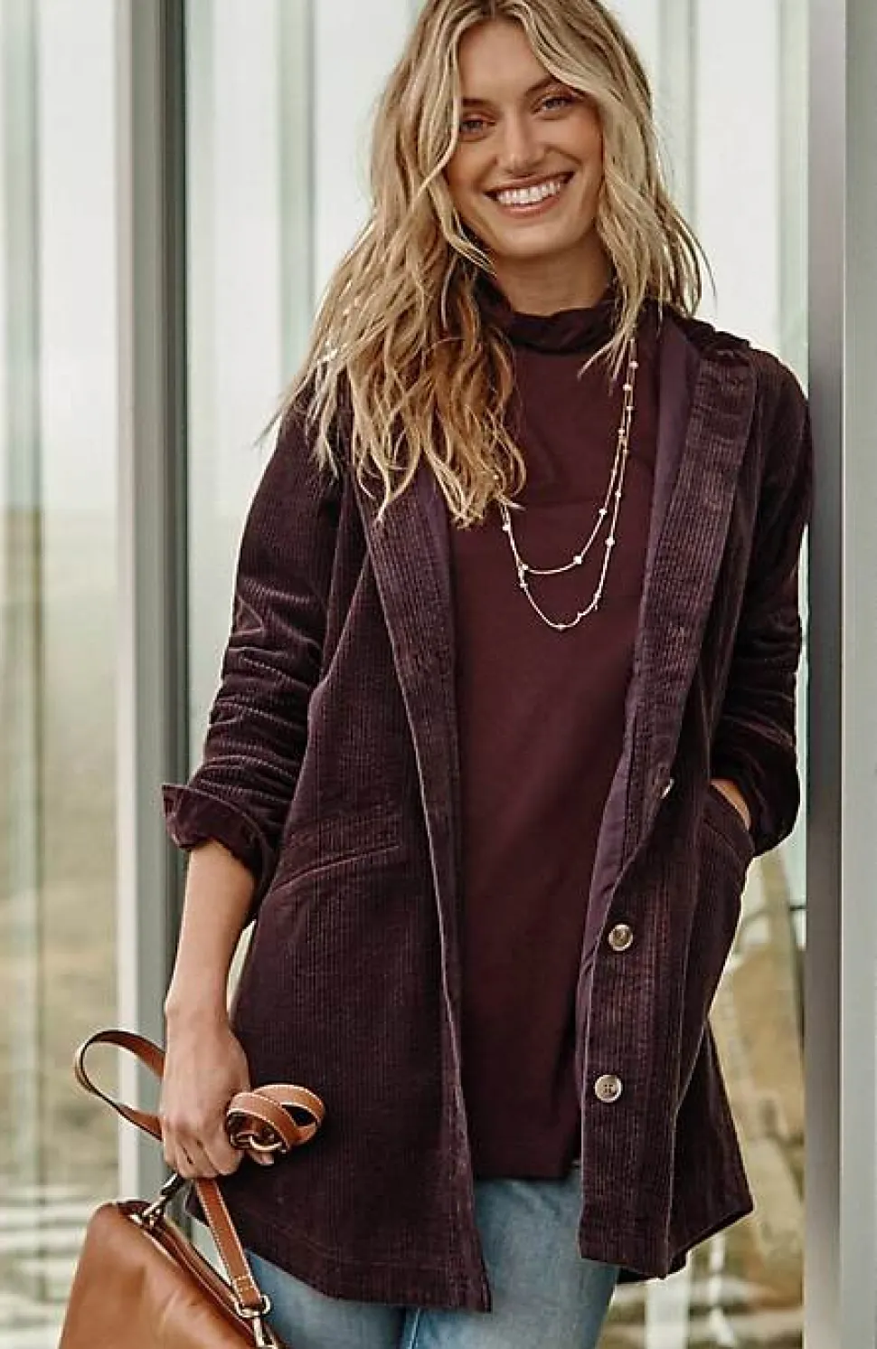 Velvet-Hooded Tumble-Cord Jacket | Jjill