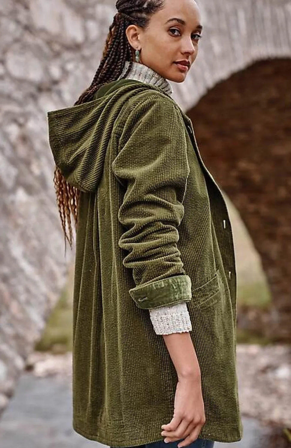 Velvet-Hooded Tumble-Cord Jacket | Jjill